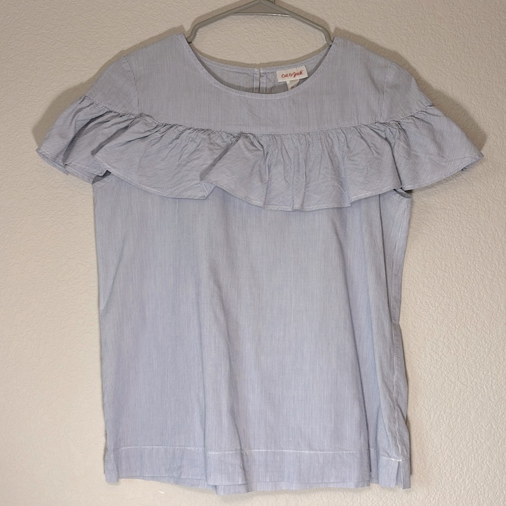 Blue and white striped ruffle top